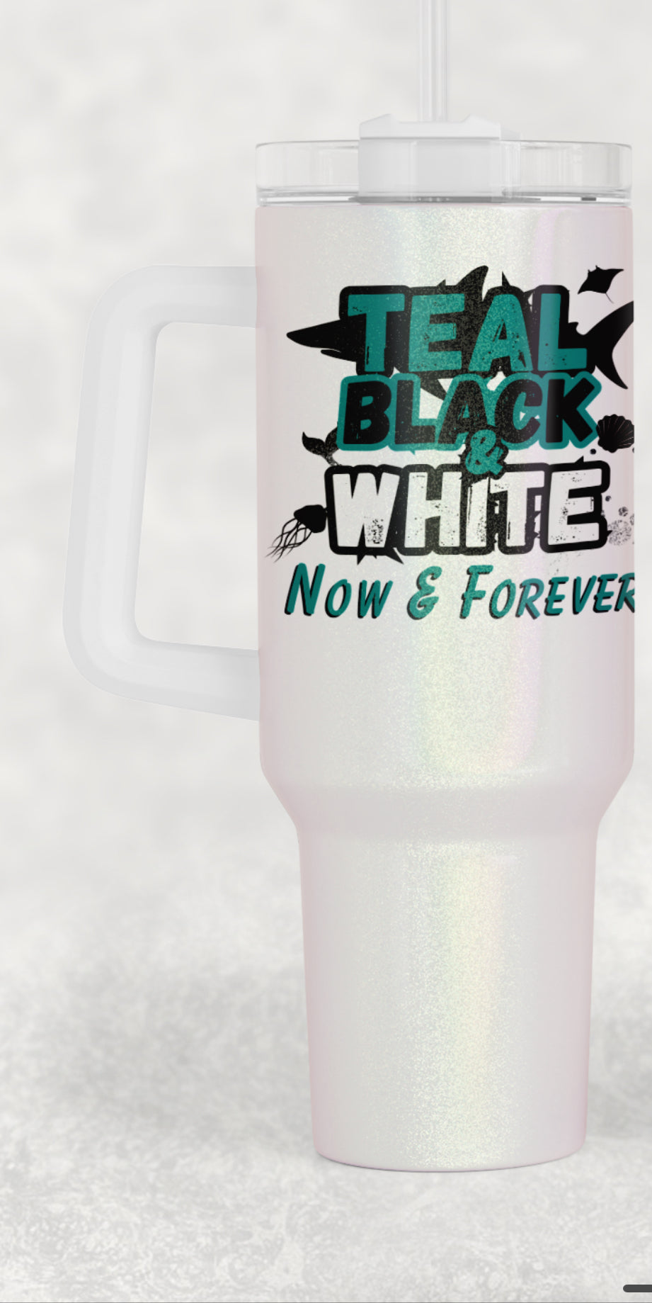 Teal Black and White Now and Forever logo