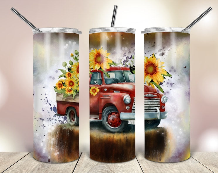 Red truck with sunflowers tumbler