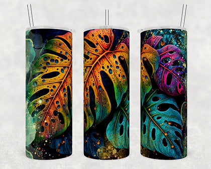 Tropical leaf alcohol ink watercolor tumbler